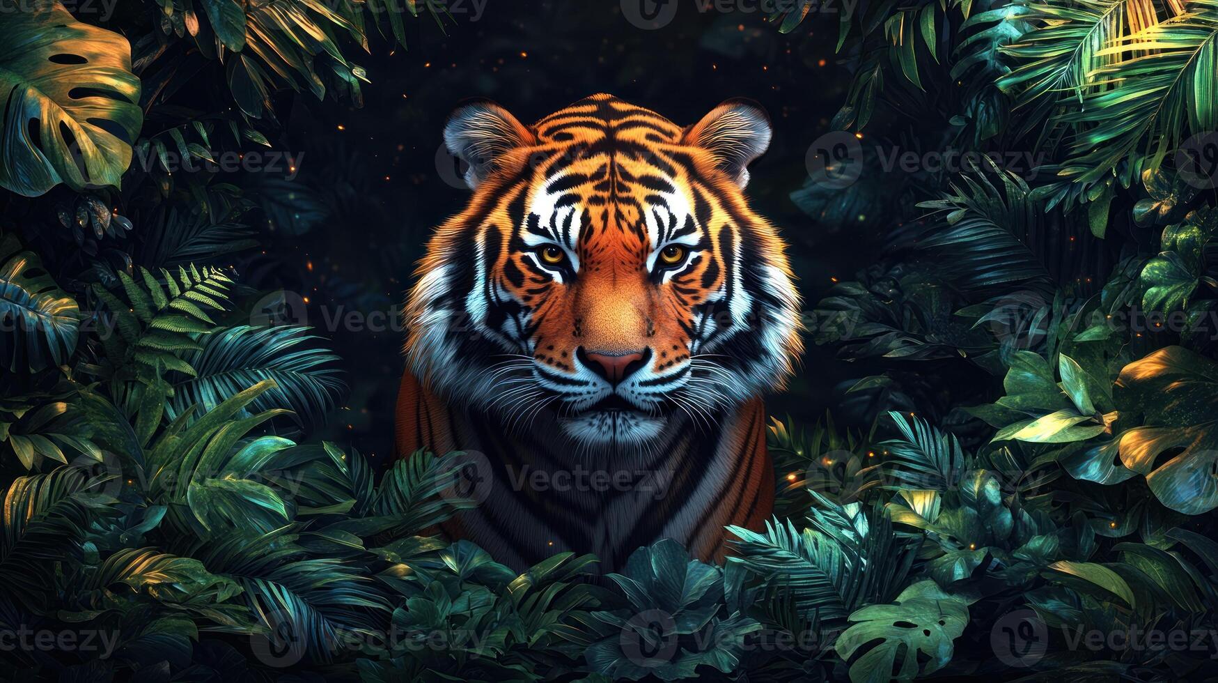 A striking tiger moves gracefully through dense jungle greenery at twilight photo