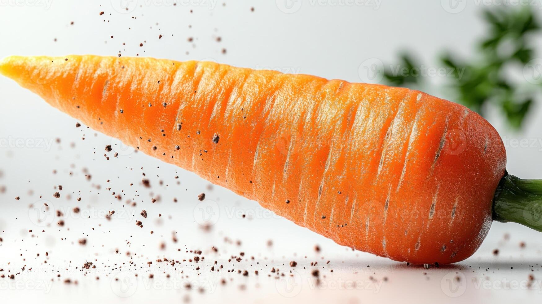 A freshly harvested carrot lies on a smooth surface, with soil lightly cascading off photo