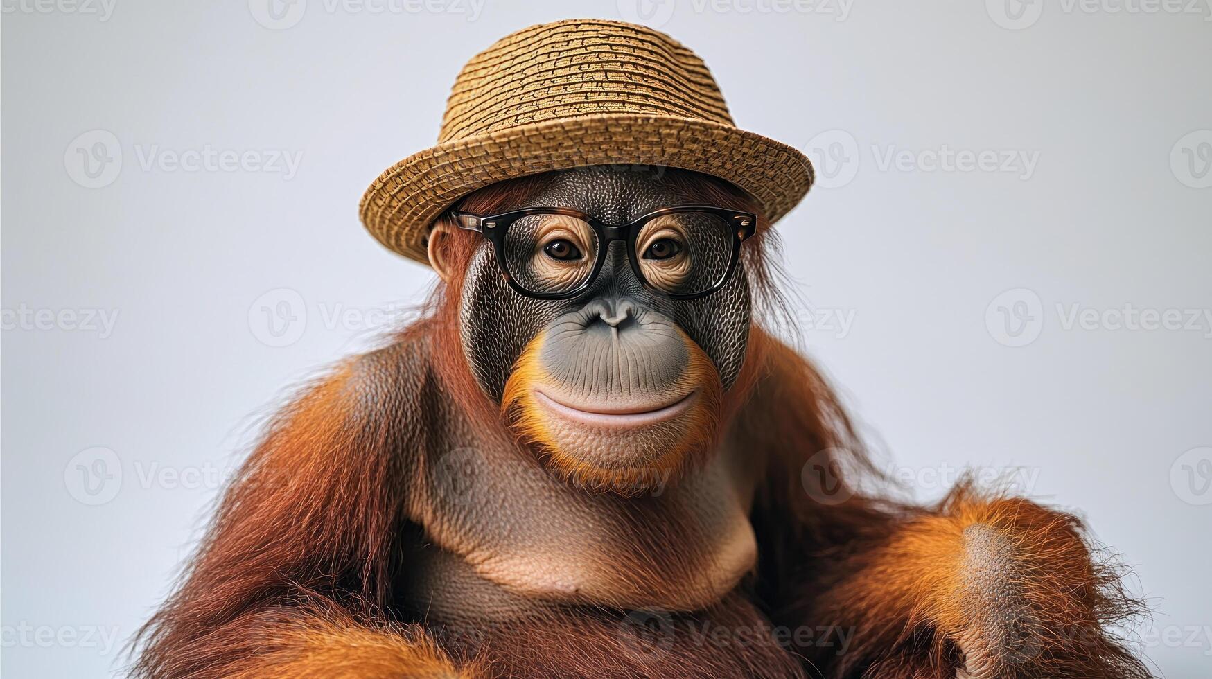 An orangutan dons stylish eyewear and a hat, showcasing its playful personality photo