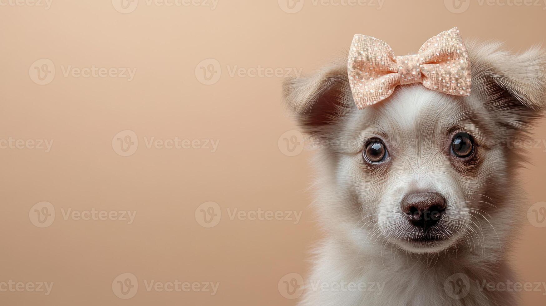 A playful puppy adorned with a sparkling bow captures hearts with its innocent gaze photo