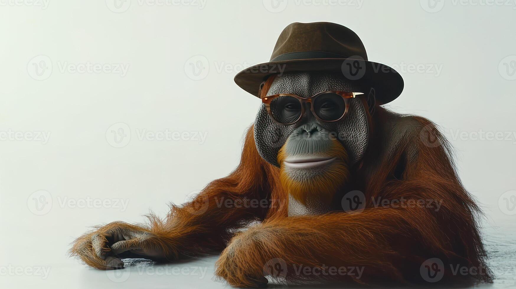 A whimsical orangutan relaxes and poses with charm in trendy accessories photo