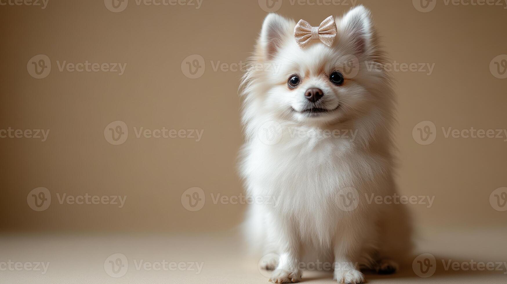 A fluffy Pomeranian with a bow sits elegantly, showcasing its adorable features photo