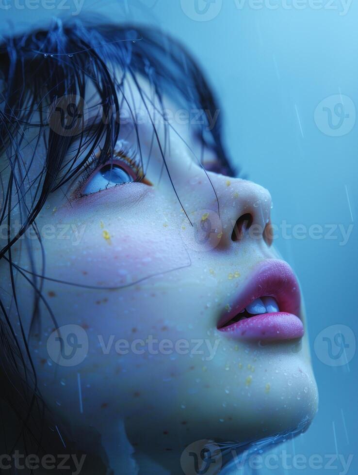 A close-up portrait of a womans face in the rain photo