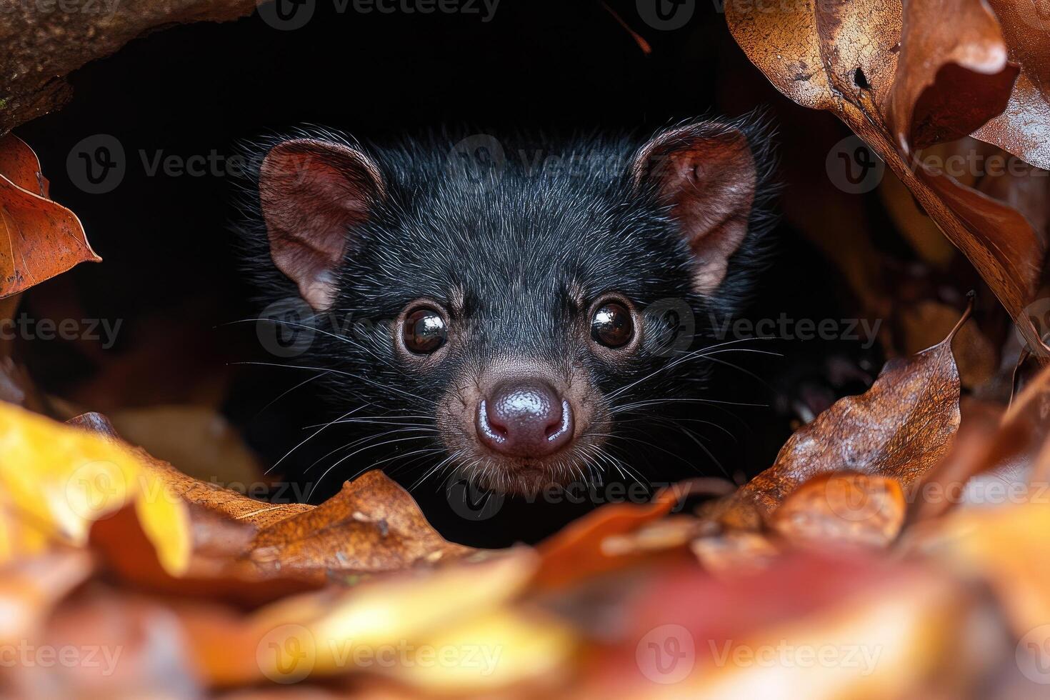 Young Tasmanian Devil Peeking From Autumn Leaves photo