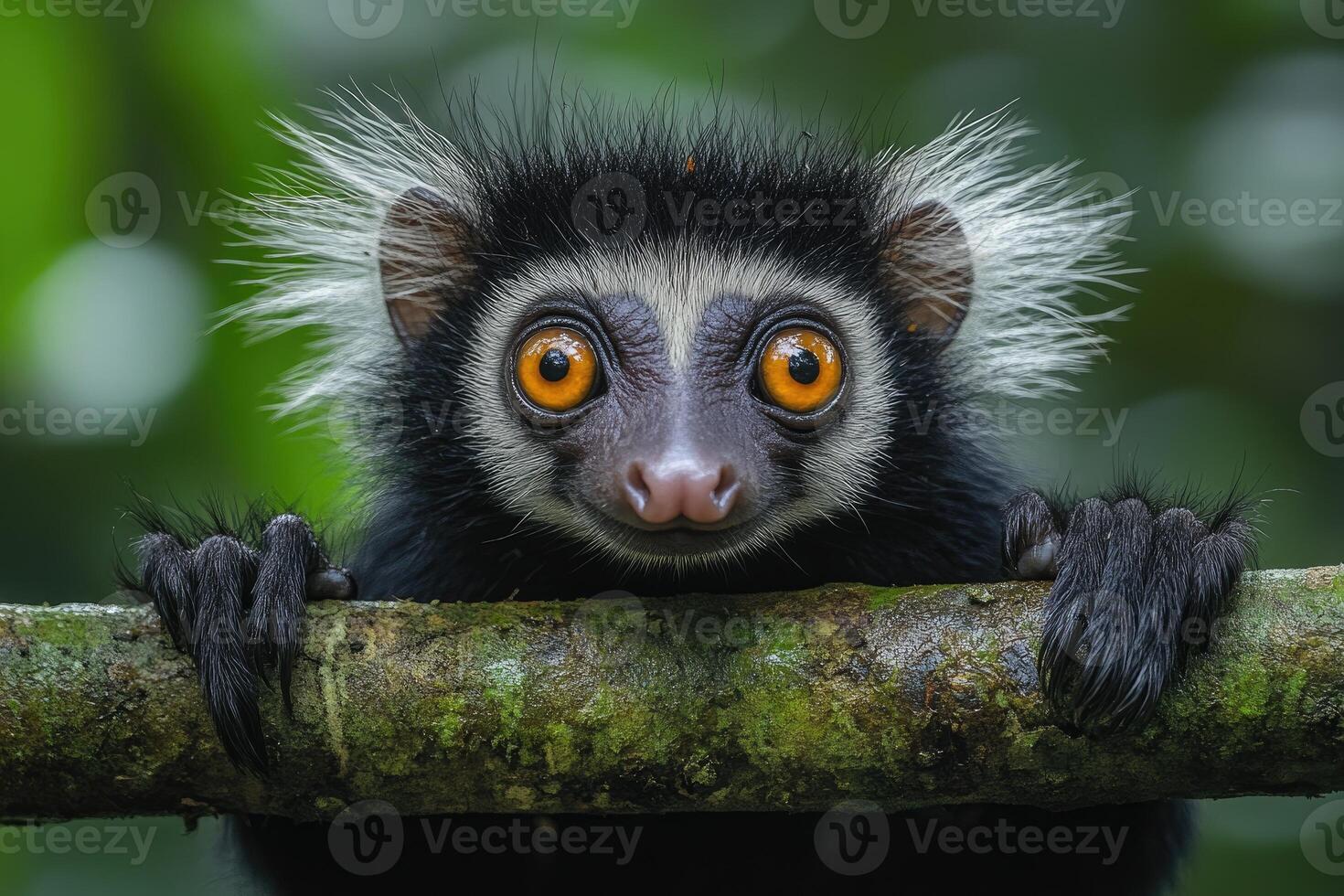 A baby aye aye lemur clings to a mossy branch photo