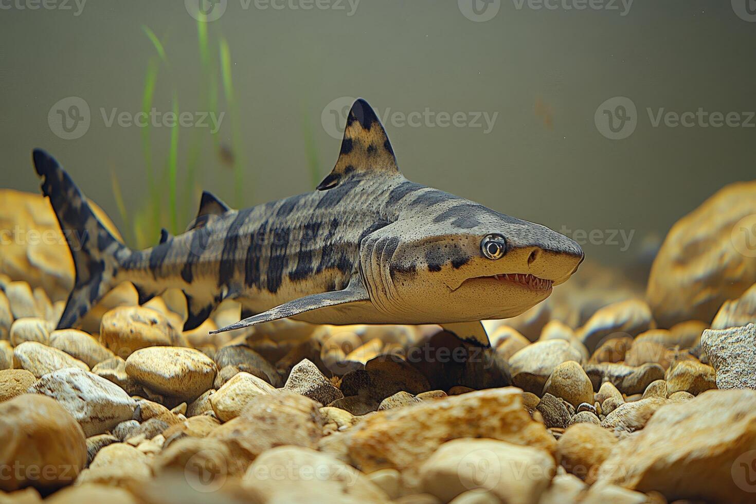 Zebra Shark Swimming Above Gravel Riverbed photo