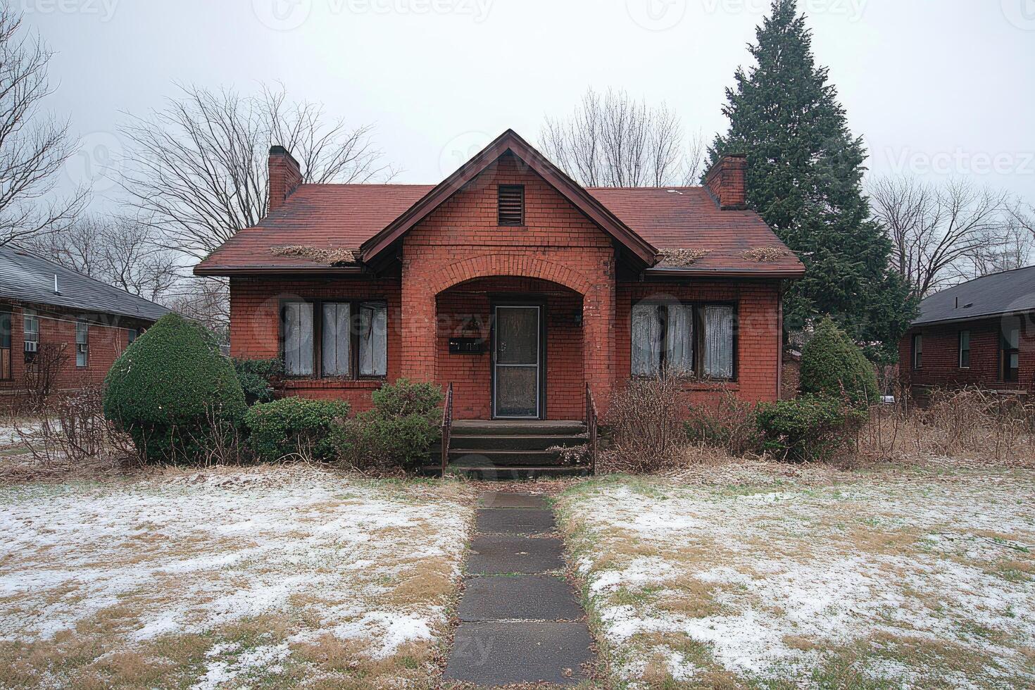 Abandoned Brick Bungalow House Winter Scene photo