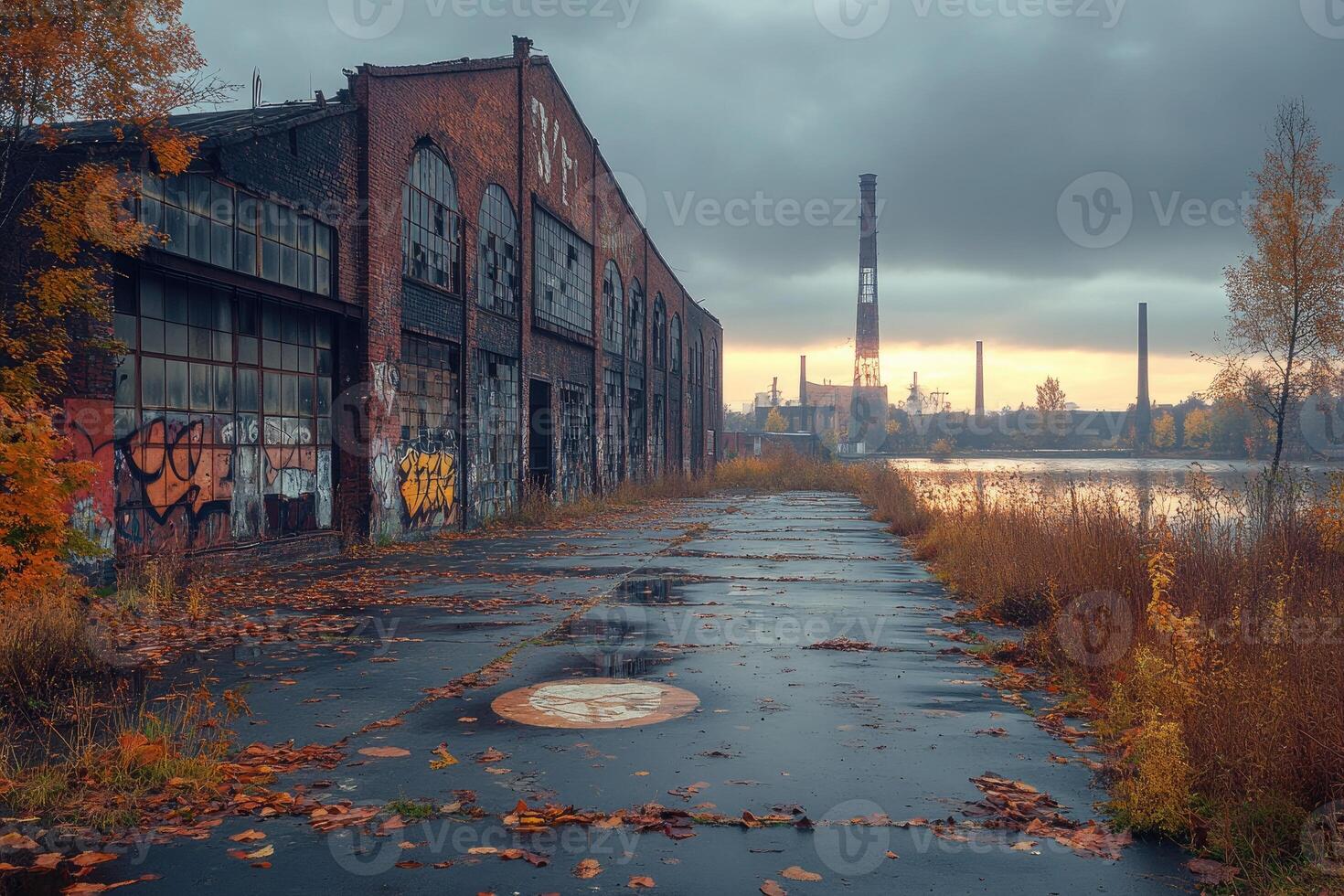 Abandoned Brick Factory Building Autumn Landscape photo