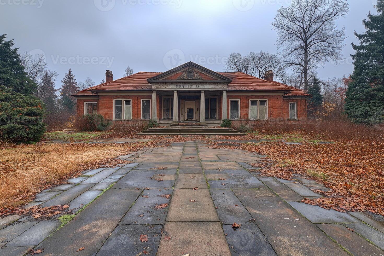 Abandoned Brick Mansion Autumn Leaves Pathway photo