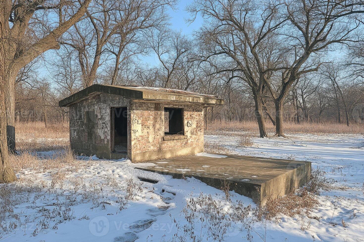 Abandoned Brick Structure Winter Woodland Setting photo