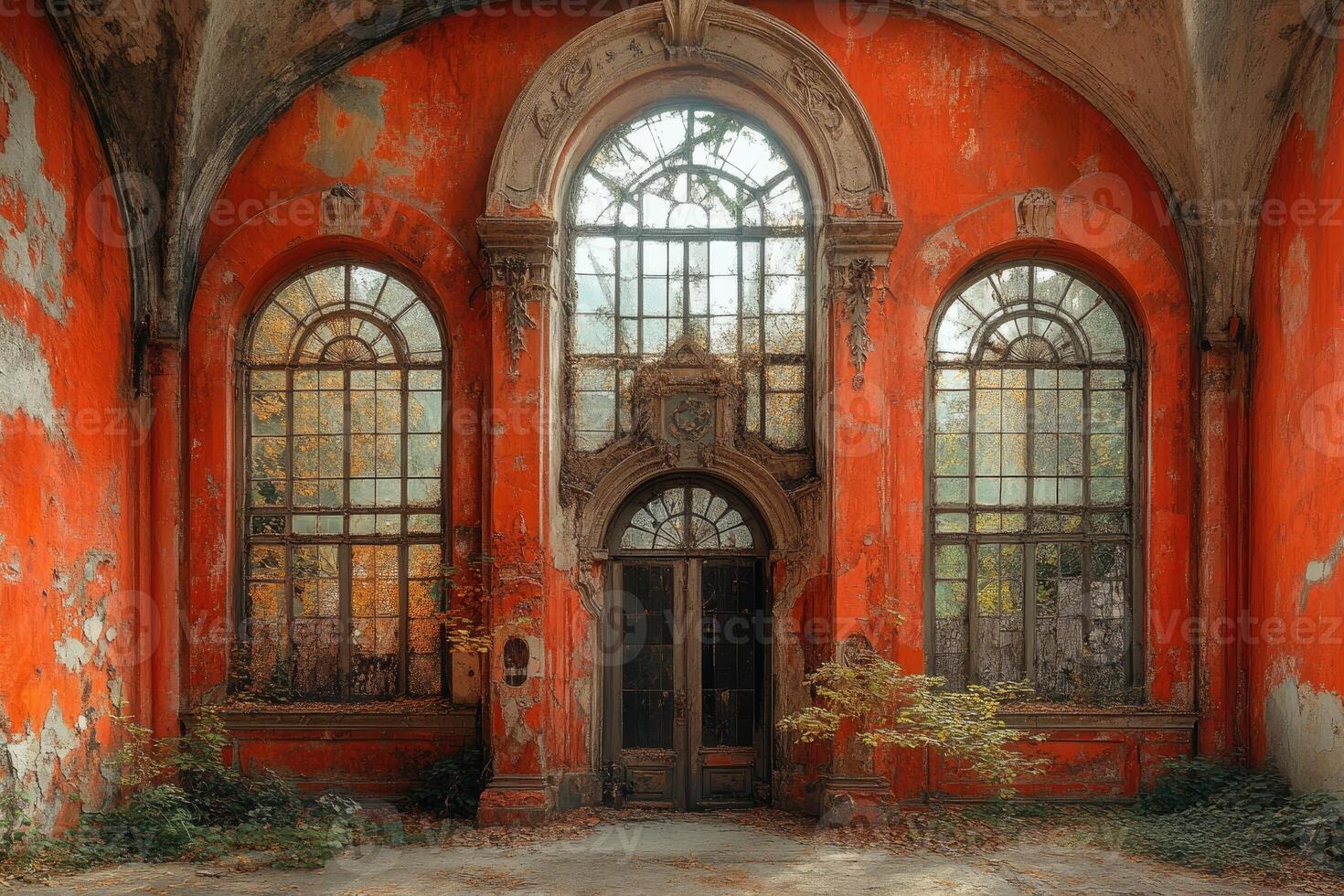 Abandoned Building Entrance with Arch Windows and Red Walls photo