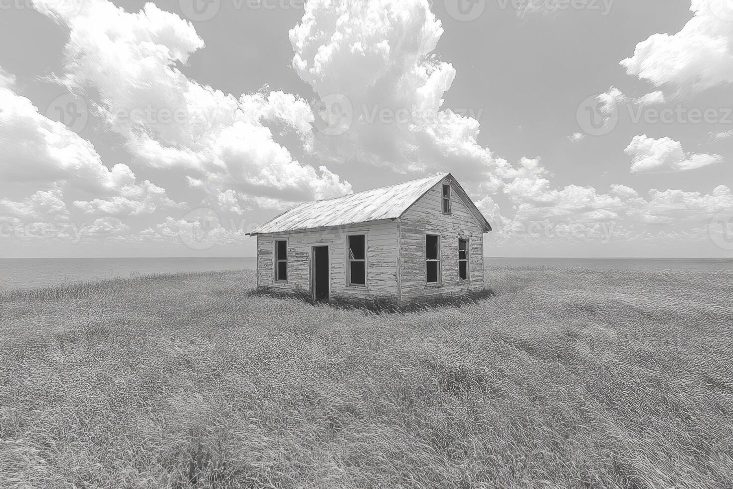 Abandoned Farmhouse Stands Alone Near Ocean Under Cloudy Sky photo