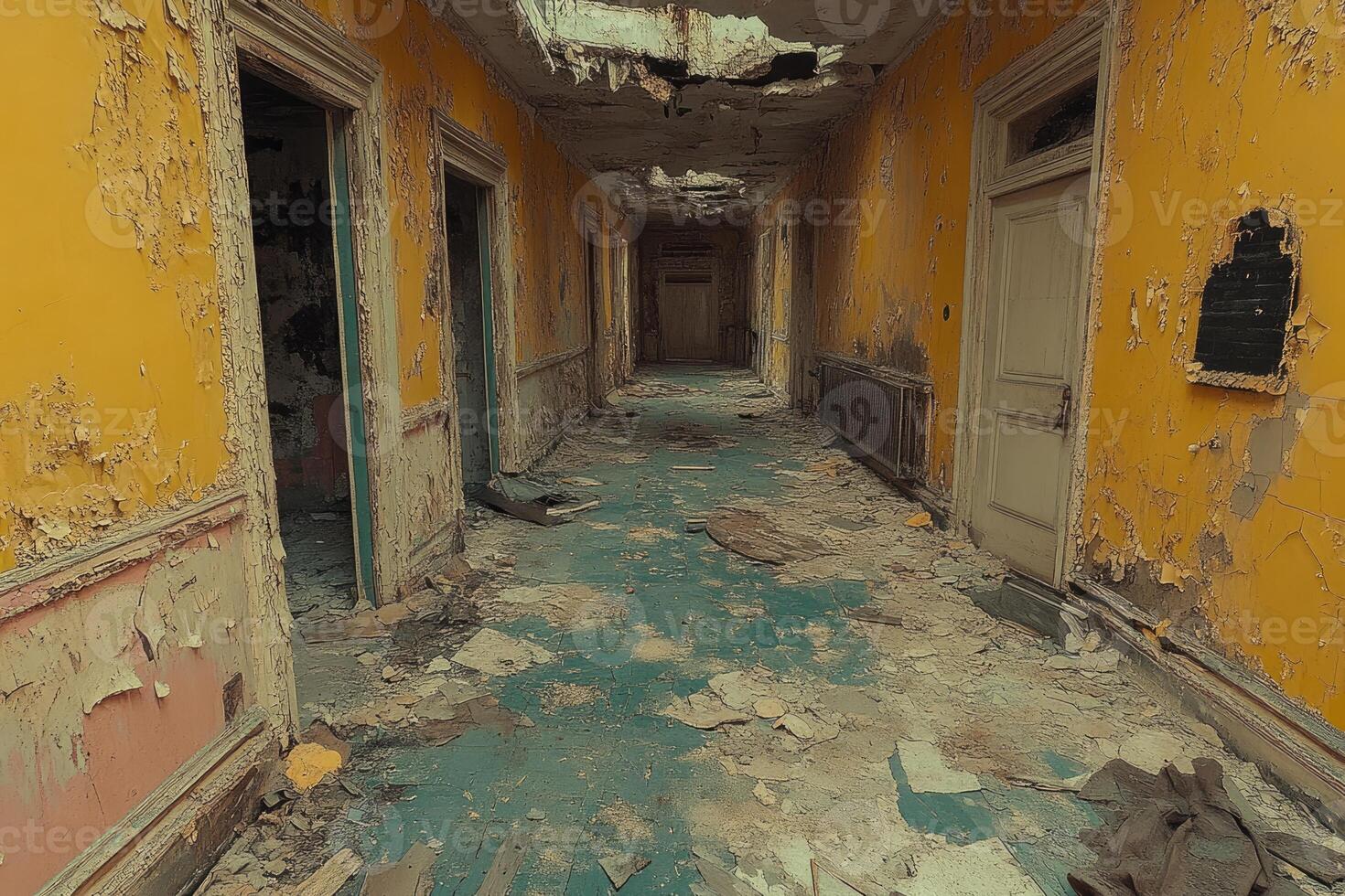 Abandoned Building Hallway With Peeling Paint And Debris photo