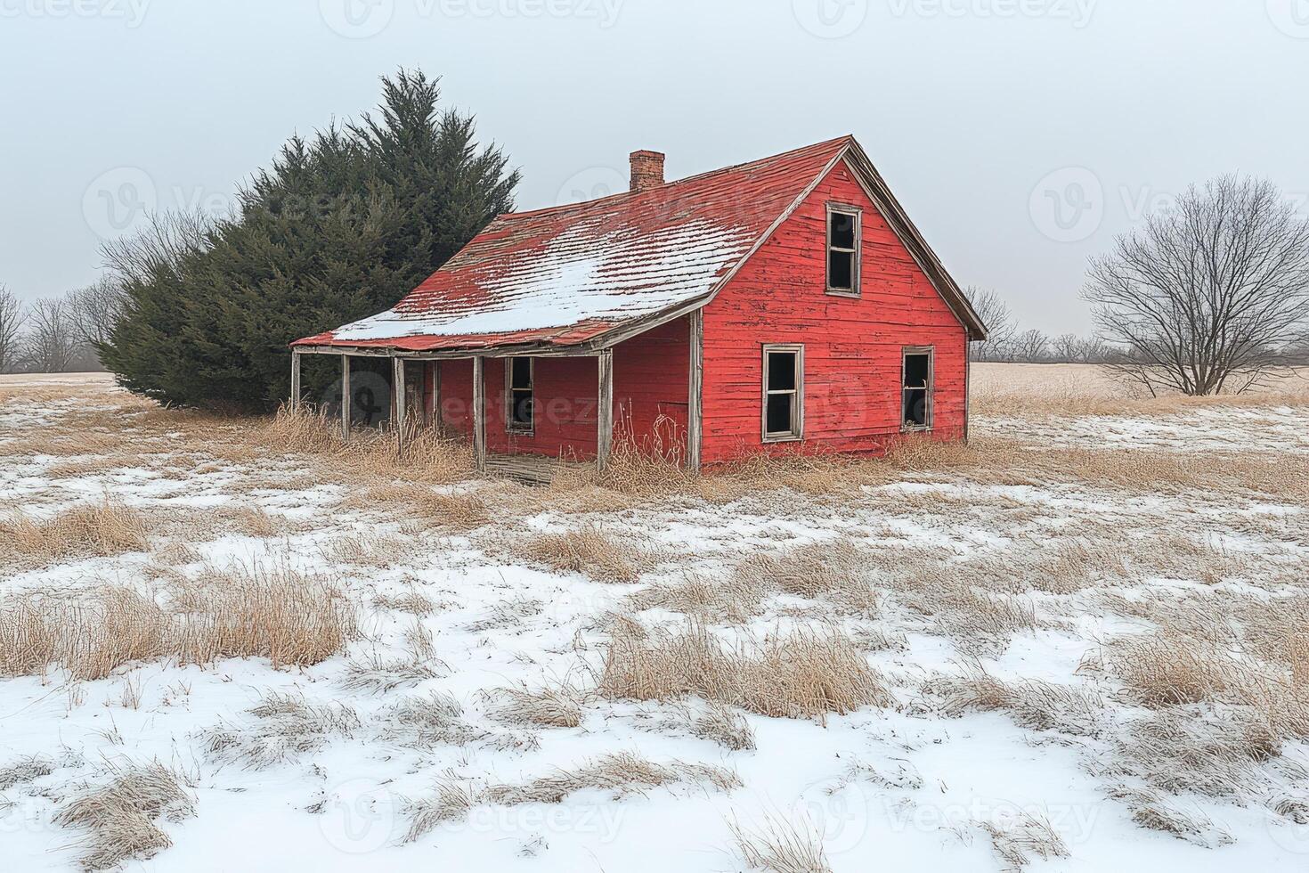 Abandoned Red House Winter Landscape Scene photo