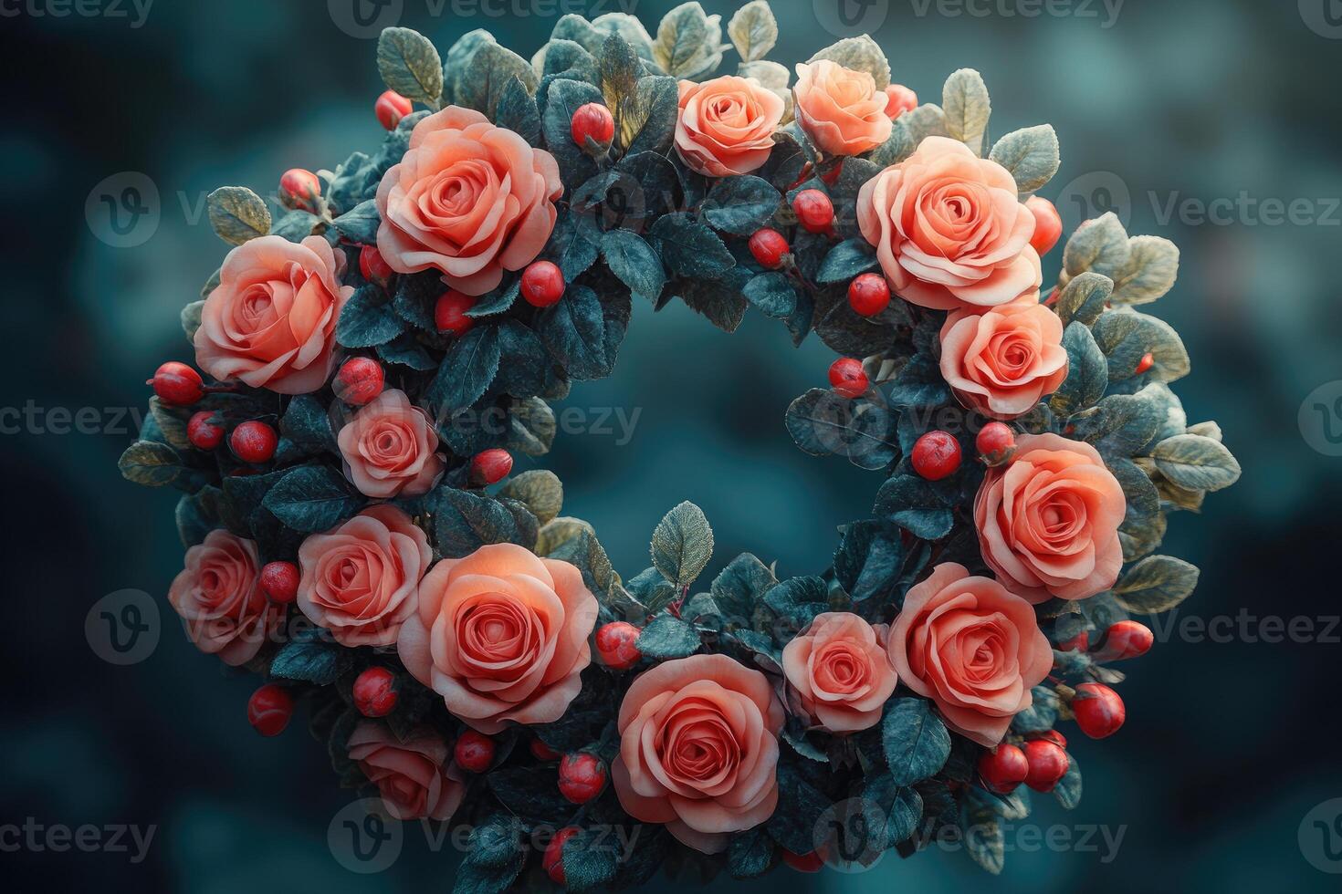 A coral rose wreath with berries and leaves photo