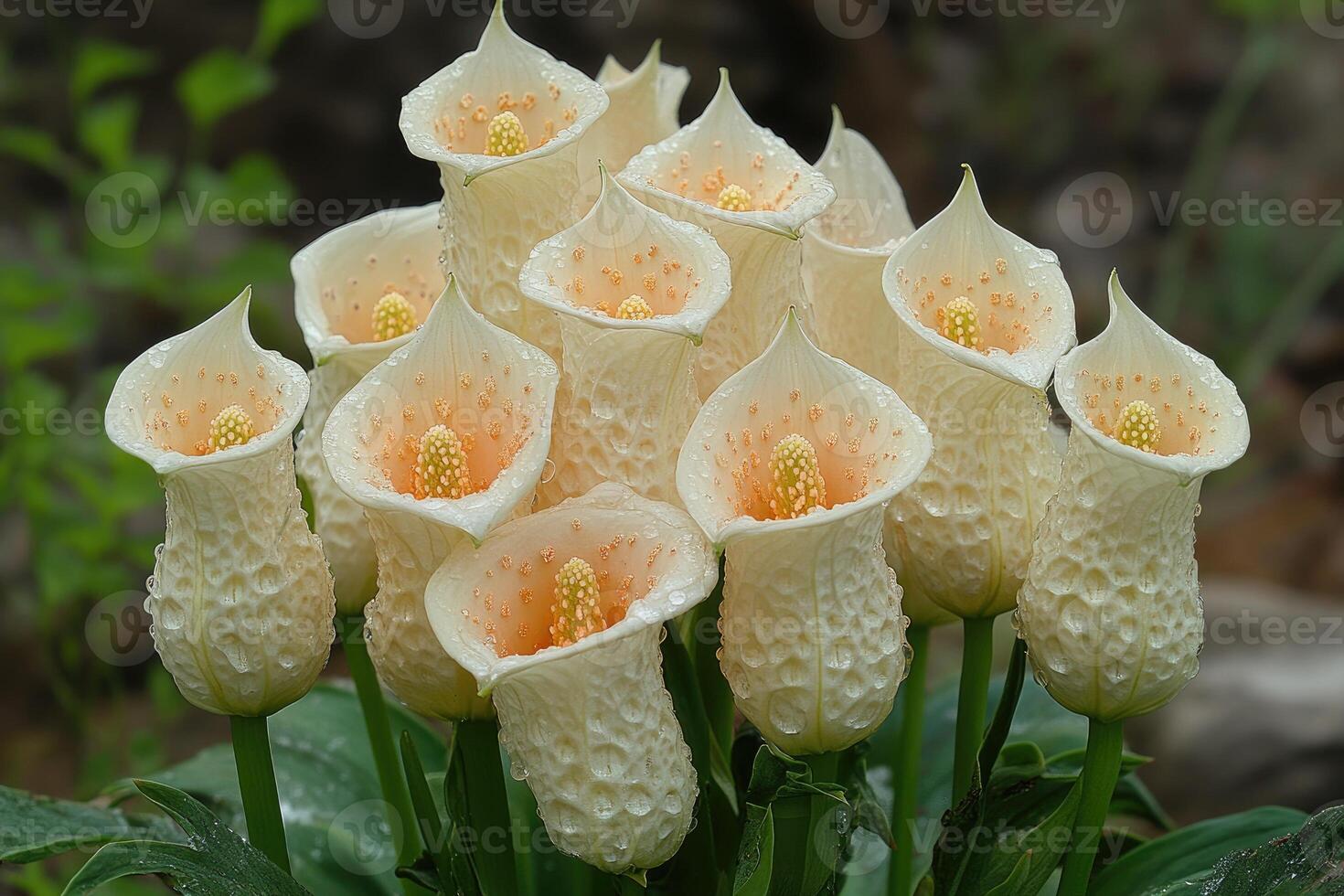 A cluster of creamy white calla lilies glistening with dew photo
