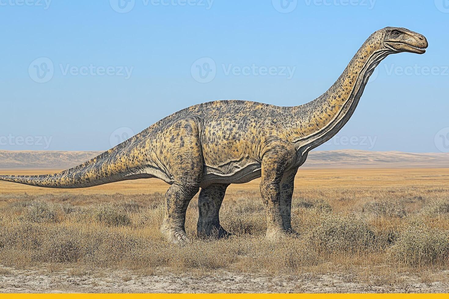 A digital rendering of a sauropod dinosaur in a dry landscape photo