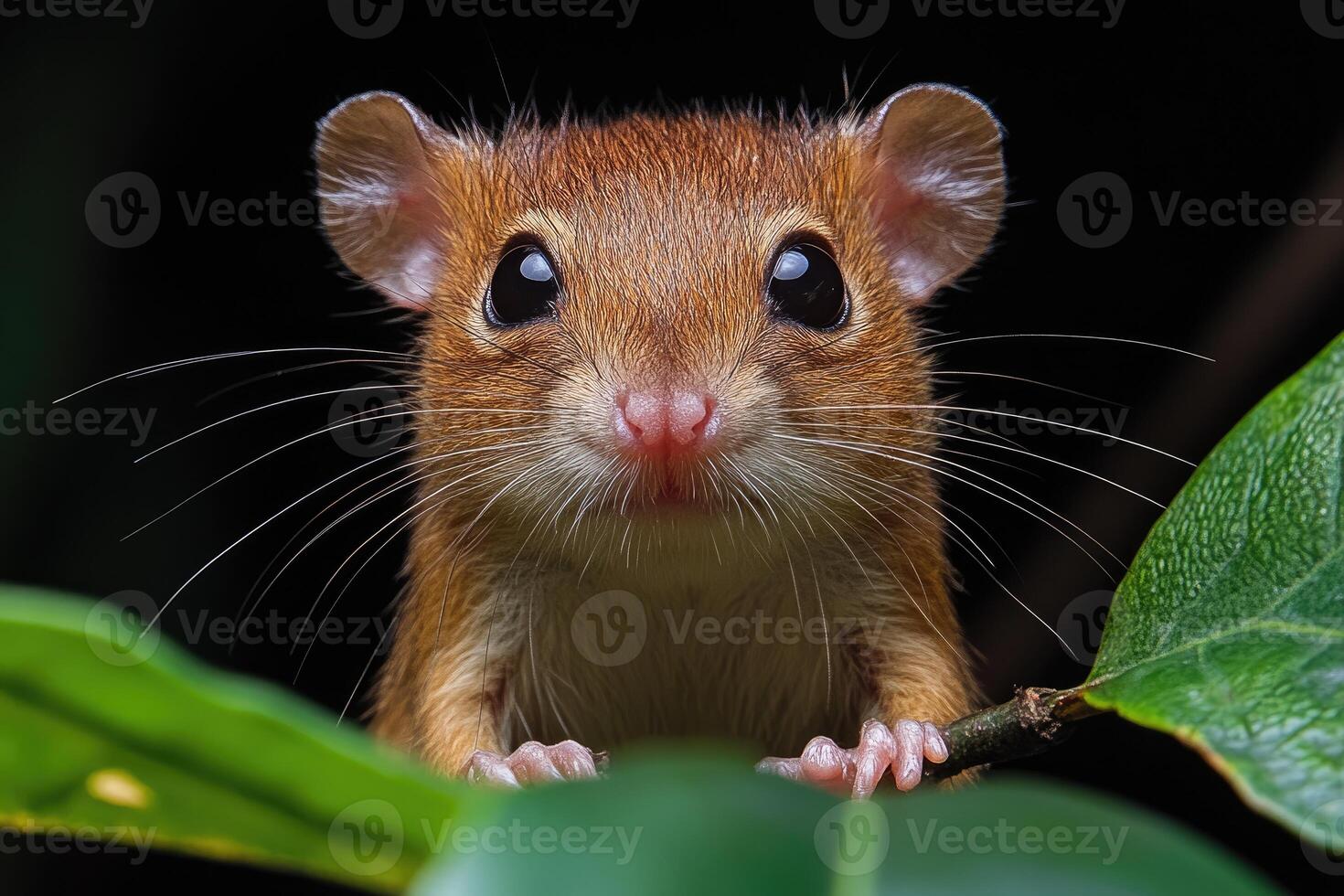 Adorable Chestnut Mouse Peeking From Lush Green Leaves photo