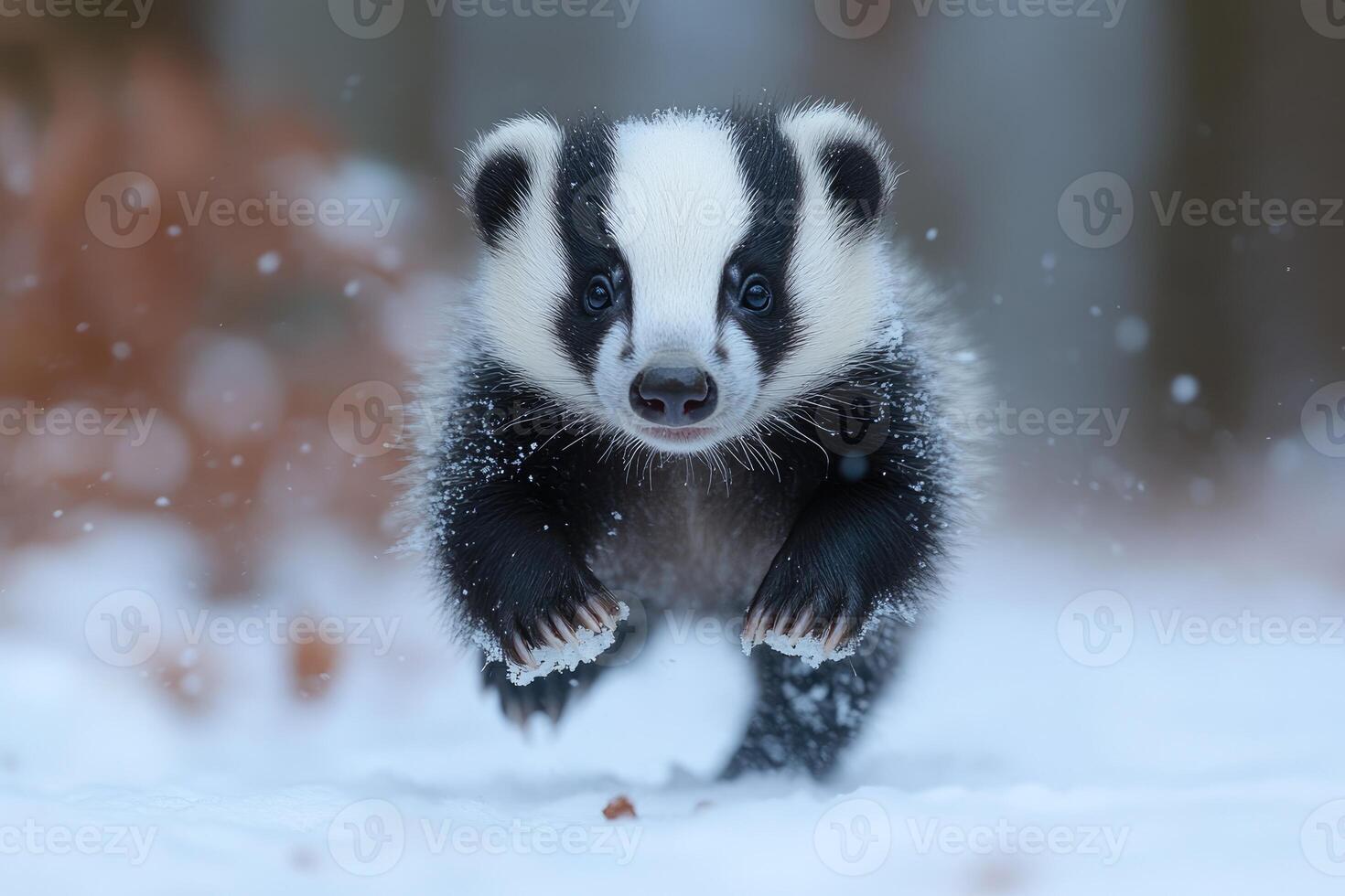 Adorable Badger Cub Running Through Winter Snow photo
