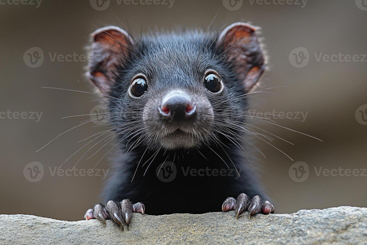 Adorable Black Tasmanian Devil Cub Peeking Over Rock photo