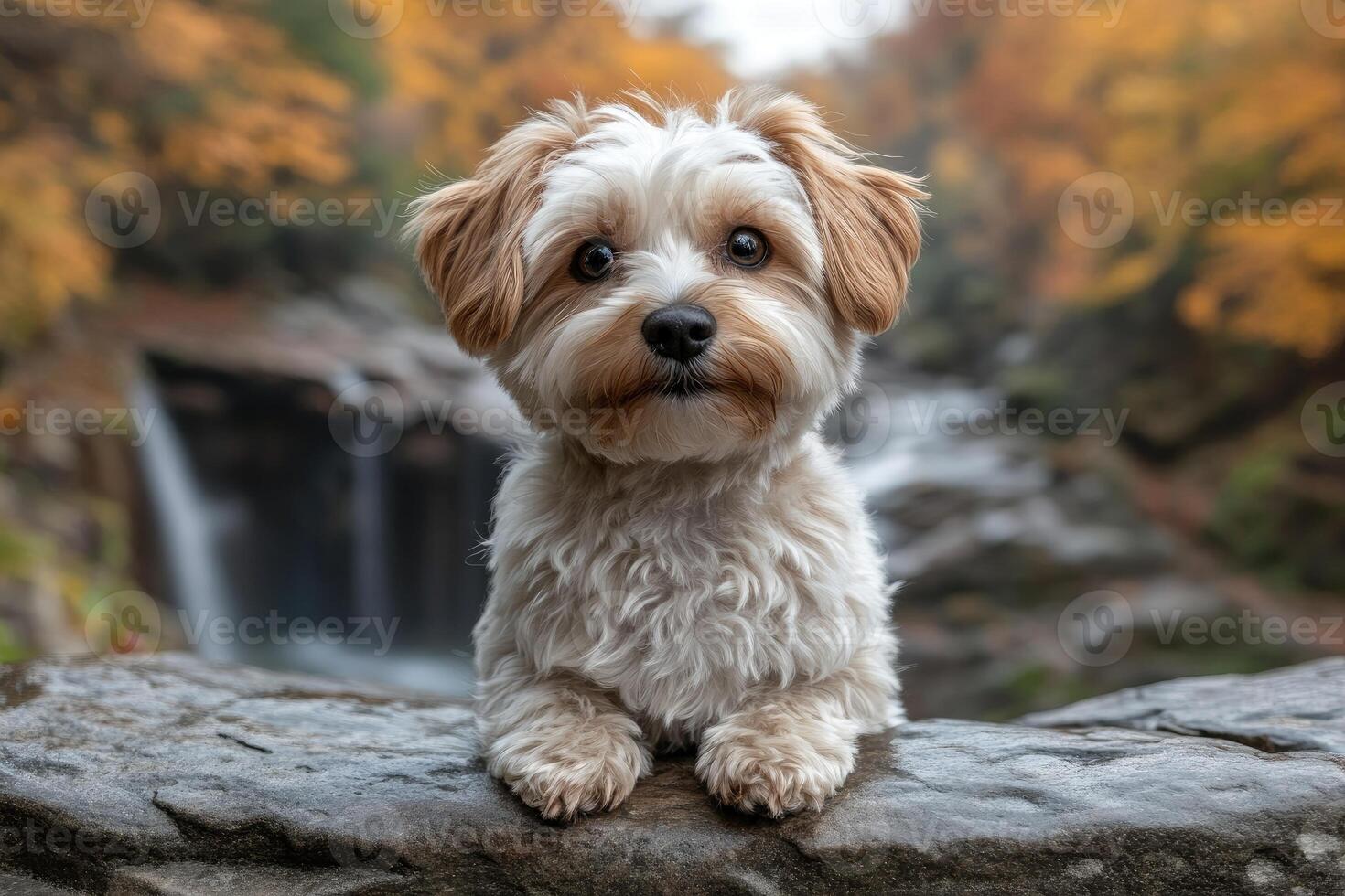 Adorable Puppy Poses Near Autumn Waterfall photo