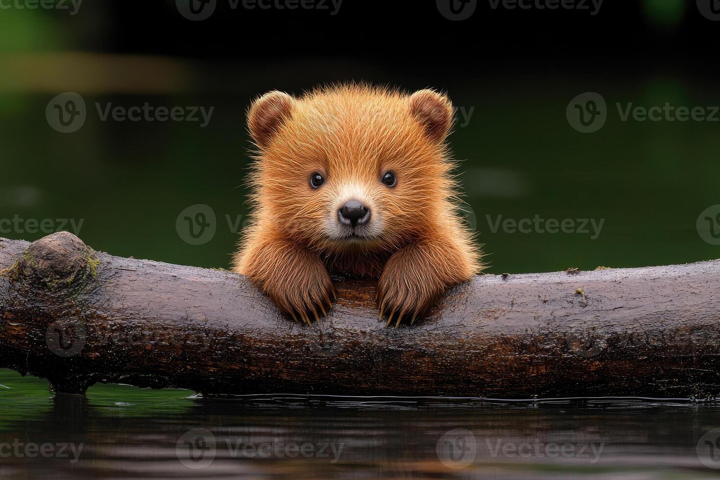 Adorable Red Cub Perched on a Waterlogged Log photo