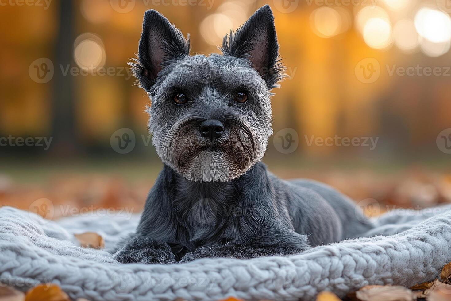 Adorable Yorkshire Terrier Dog Posing In Autumn Leaves photo
