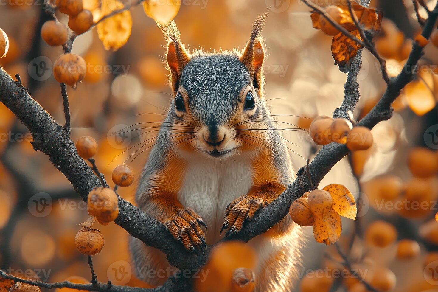 Adorable Squirrel Posing on Autumn Branch with Berries photo