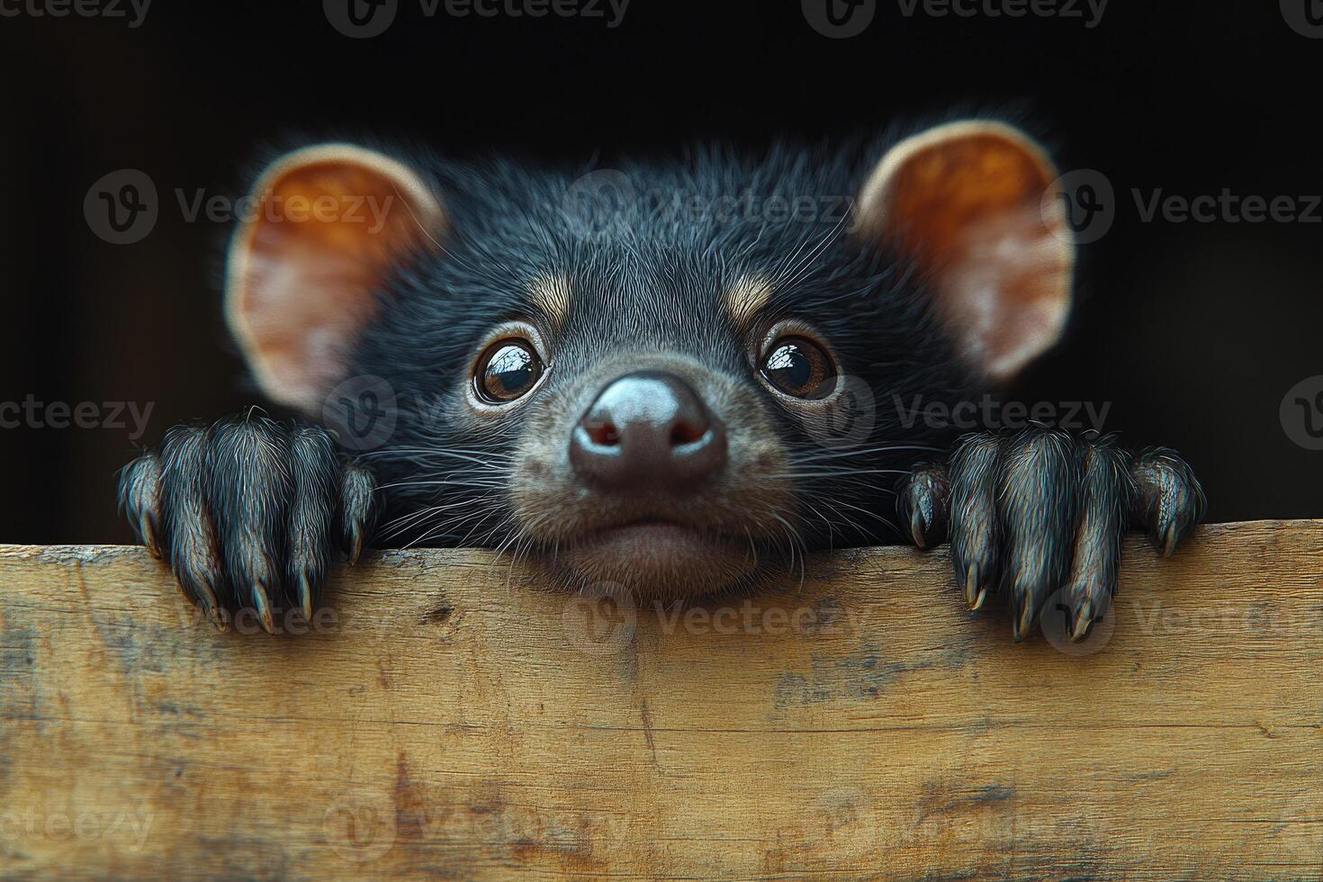Adorable Tasmanian Devil Kit Peeking Over Wood photo
