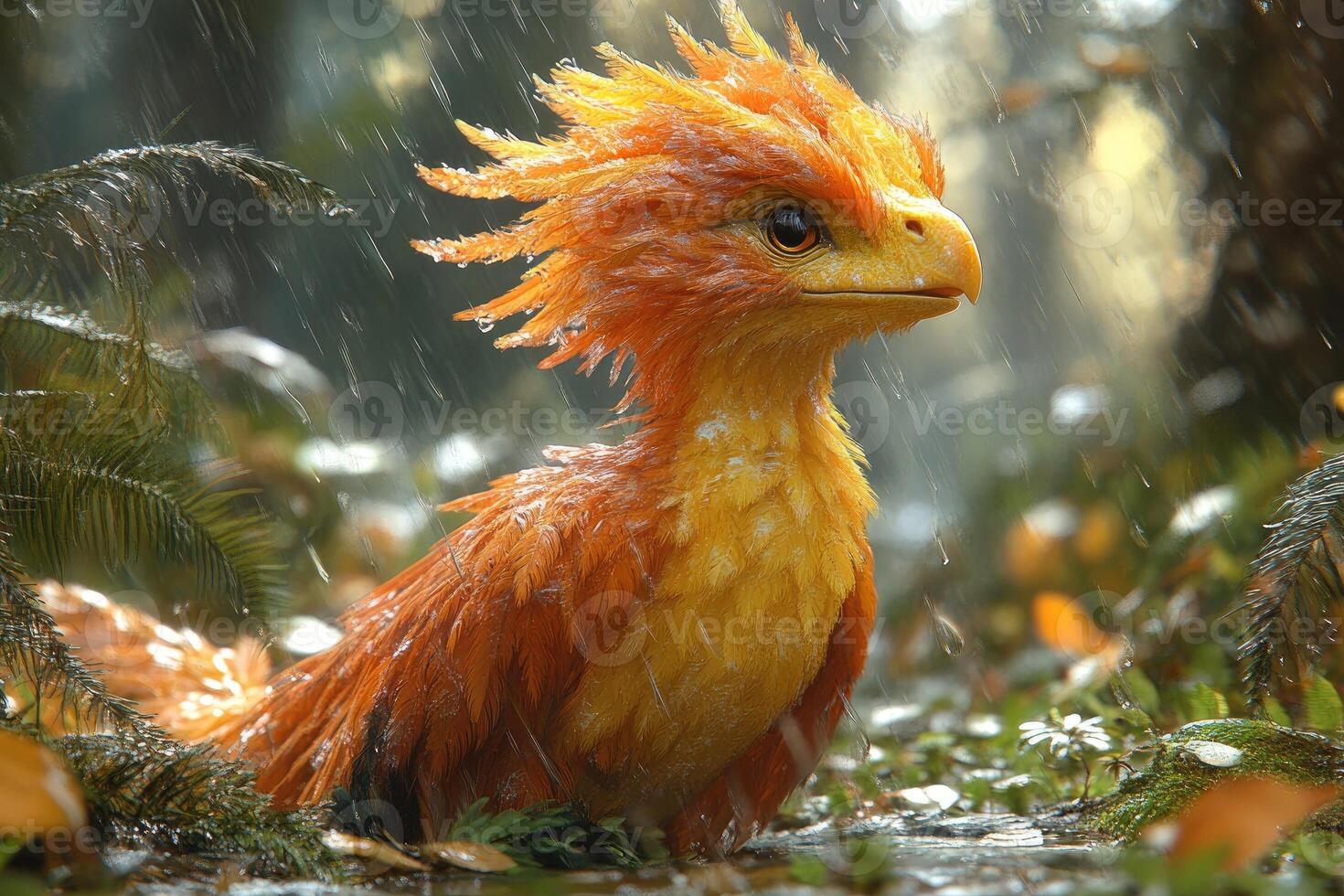 A fiery orange bird sits in the rain photo