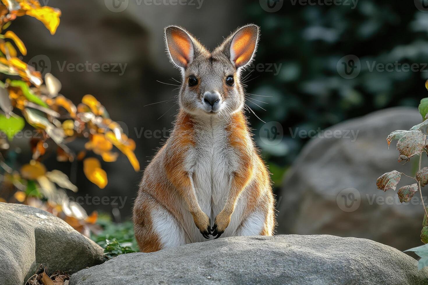 Agile Red Kangaroo Posing on Rocks Amidst Autumn Leaves photo