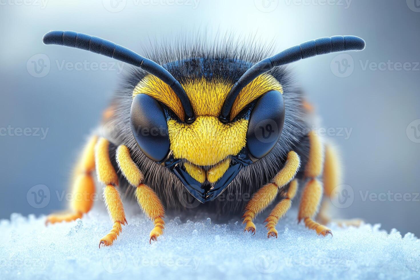 A hairy bee stands on a snowy surface photo