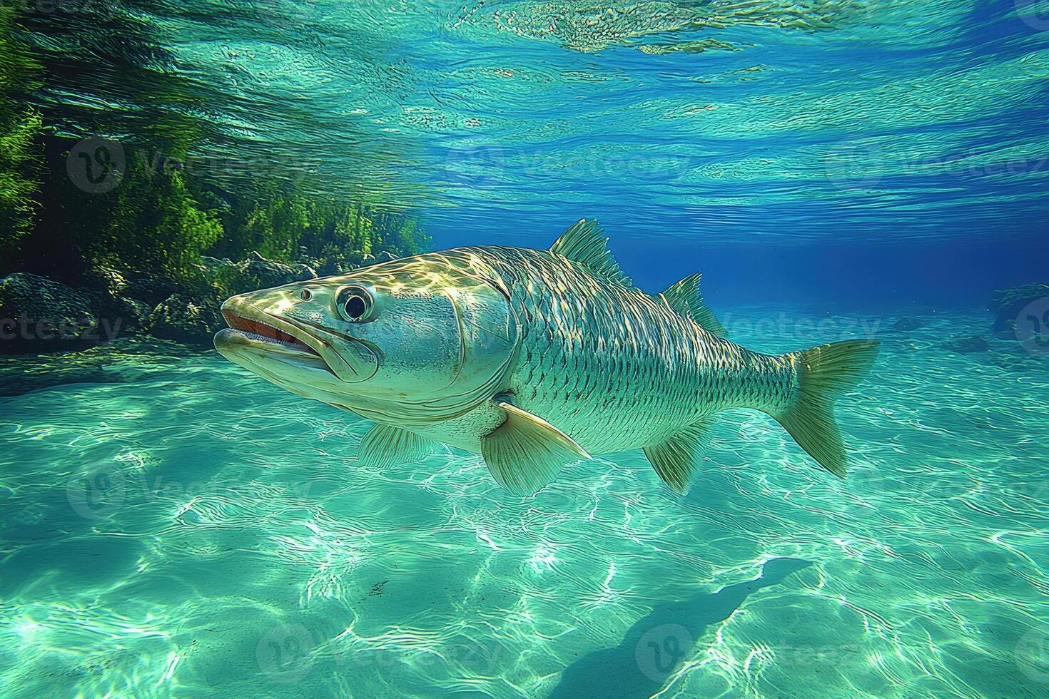 A Large Striped Fish Swims Underwater In Clear Water photo