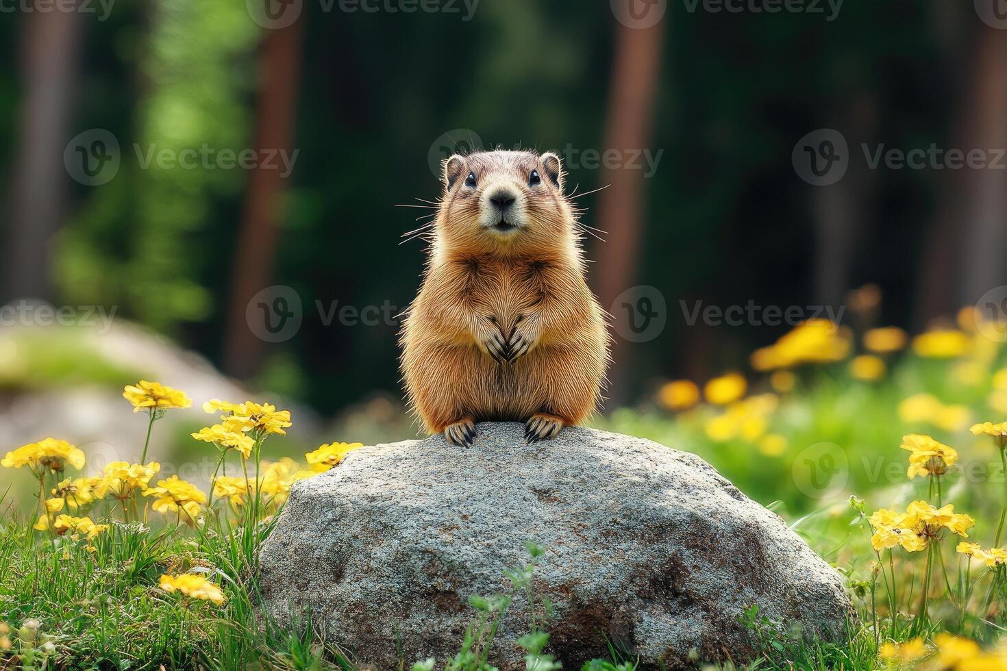 Alpine Marmot Perched on Rock Amidst Yellow Flowers photo