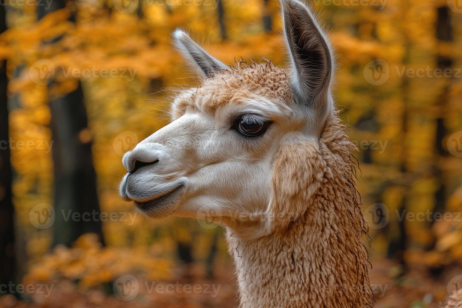 Alpaca Portrait Autumn Background Forest Setting photo