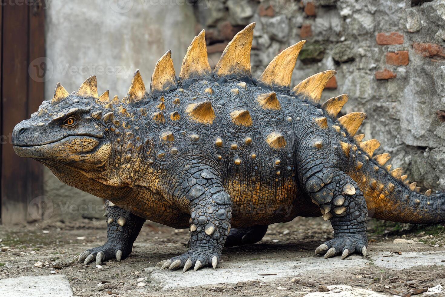 A Majestic Spiked Reptile Stands Near Ancient Ruins photo