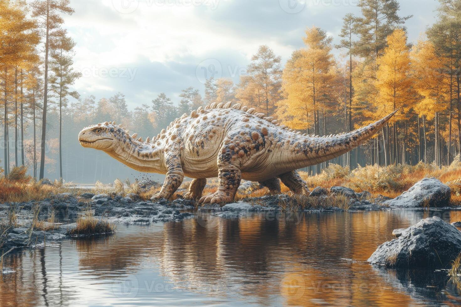 An armored dinosaur wanders a tranquil autumn forest photo