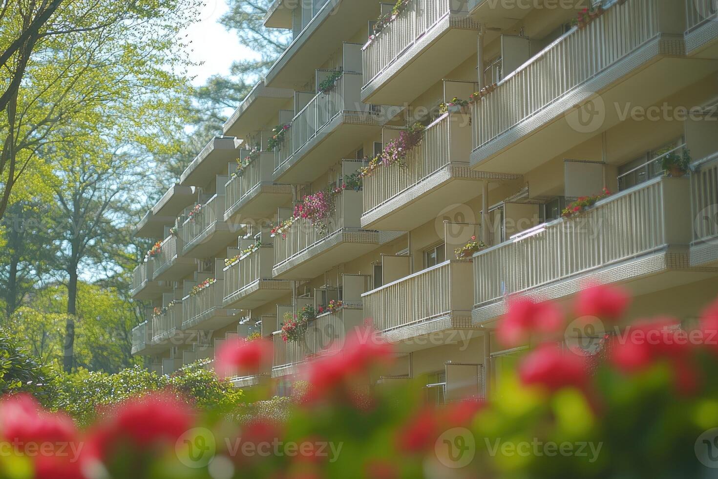 Apartment Building Balconies Adorned With Blooming Flowers photo