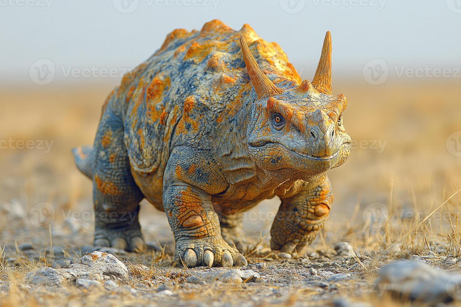 Armored Dinosaur Walking Across Dry Terrain photo