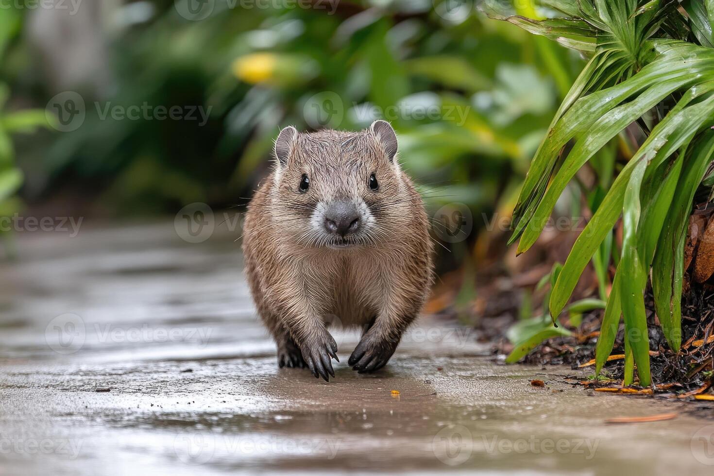 A small rodent walks on a wet path photo