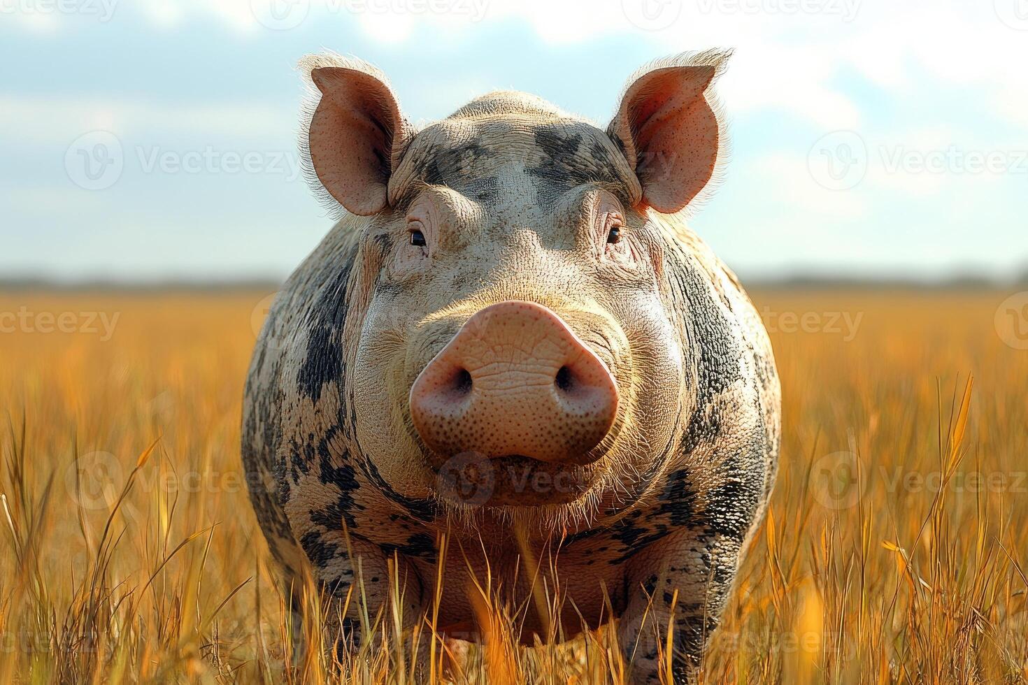 A Spotted Pig Stands in Golden Grass Field photo