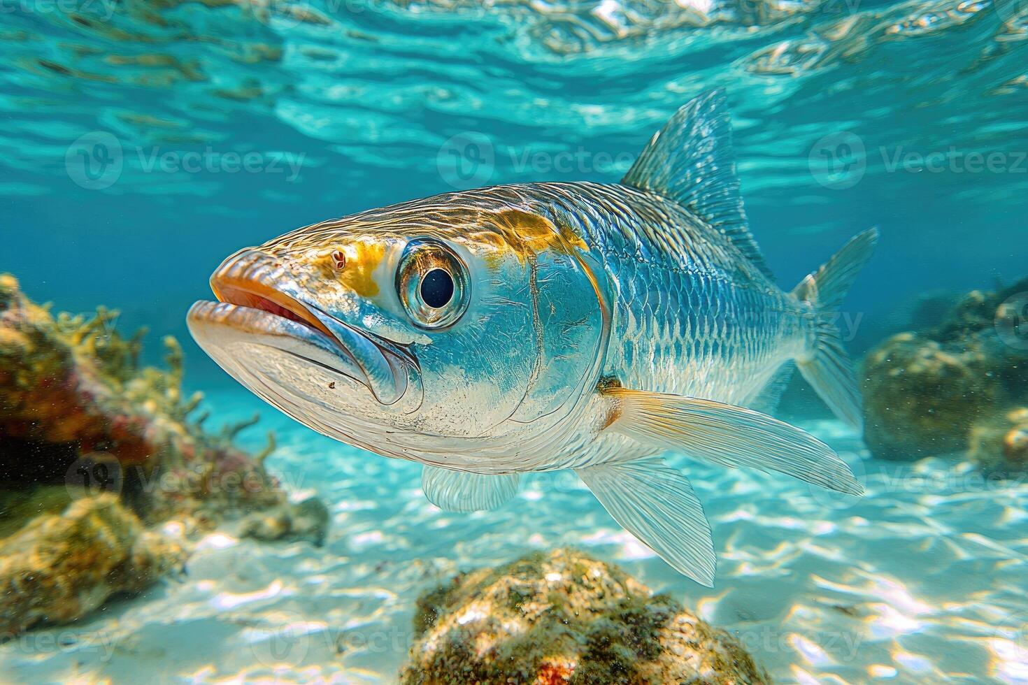 A Tarpon Fish Swims Underwater in Turquoise Waters photo