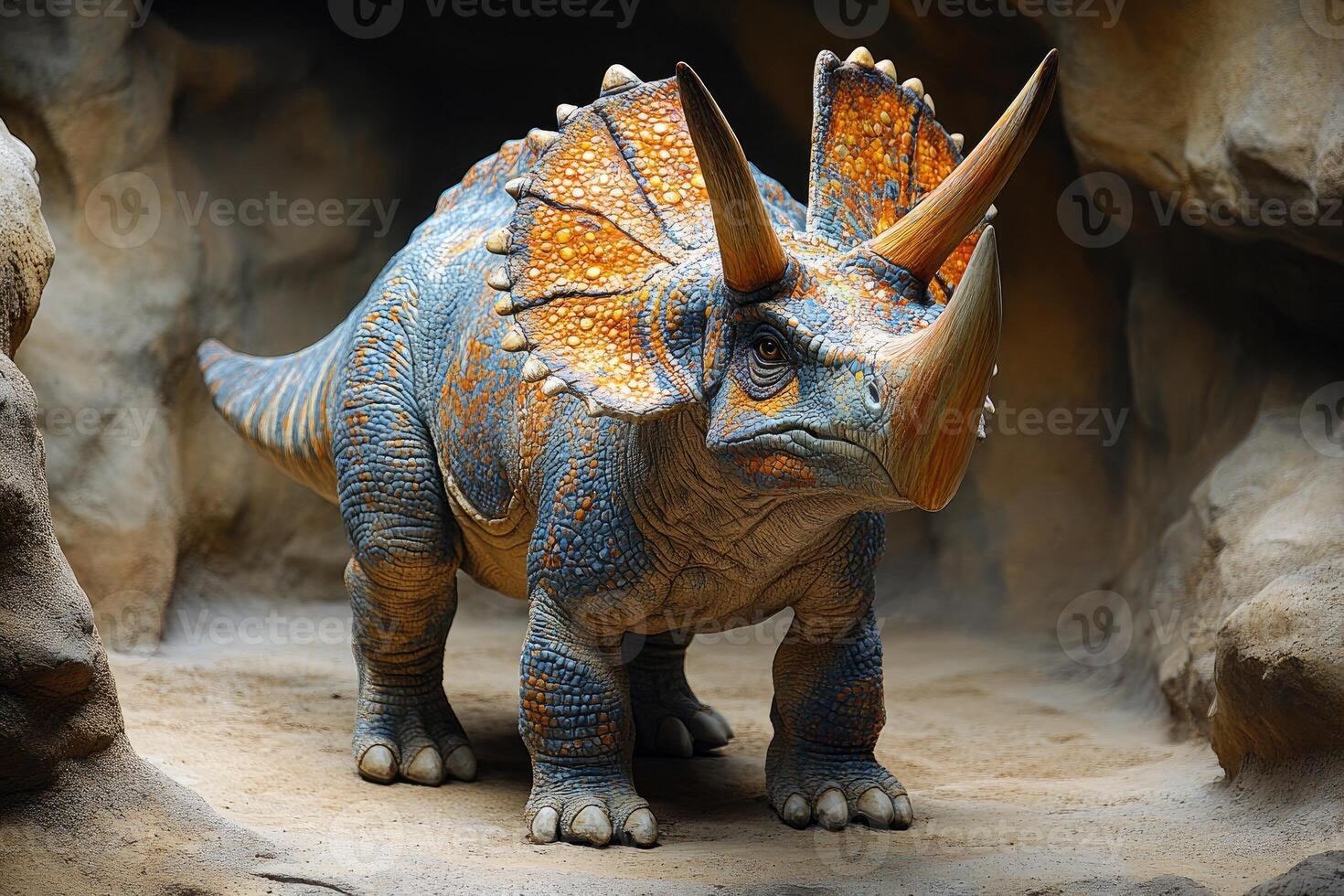 A Triceratops Dinosaur Model In A Cave Setting photo