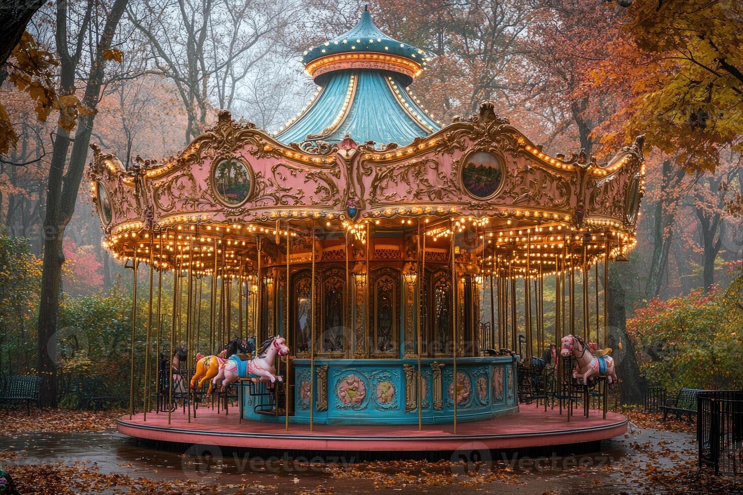 Autumnal Carousel In A Misty Park Setting photo