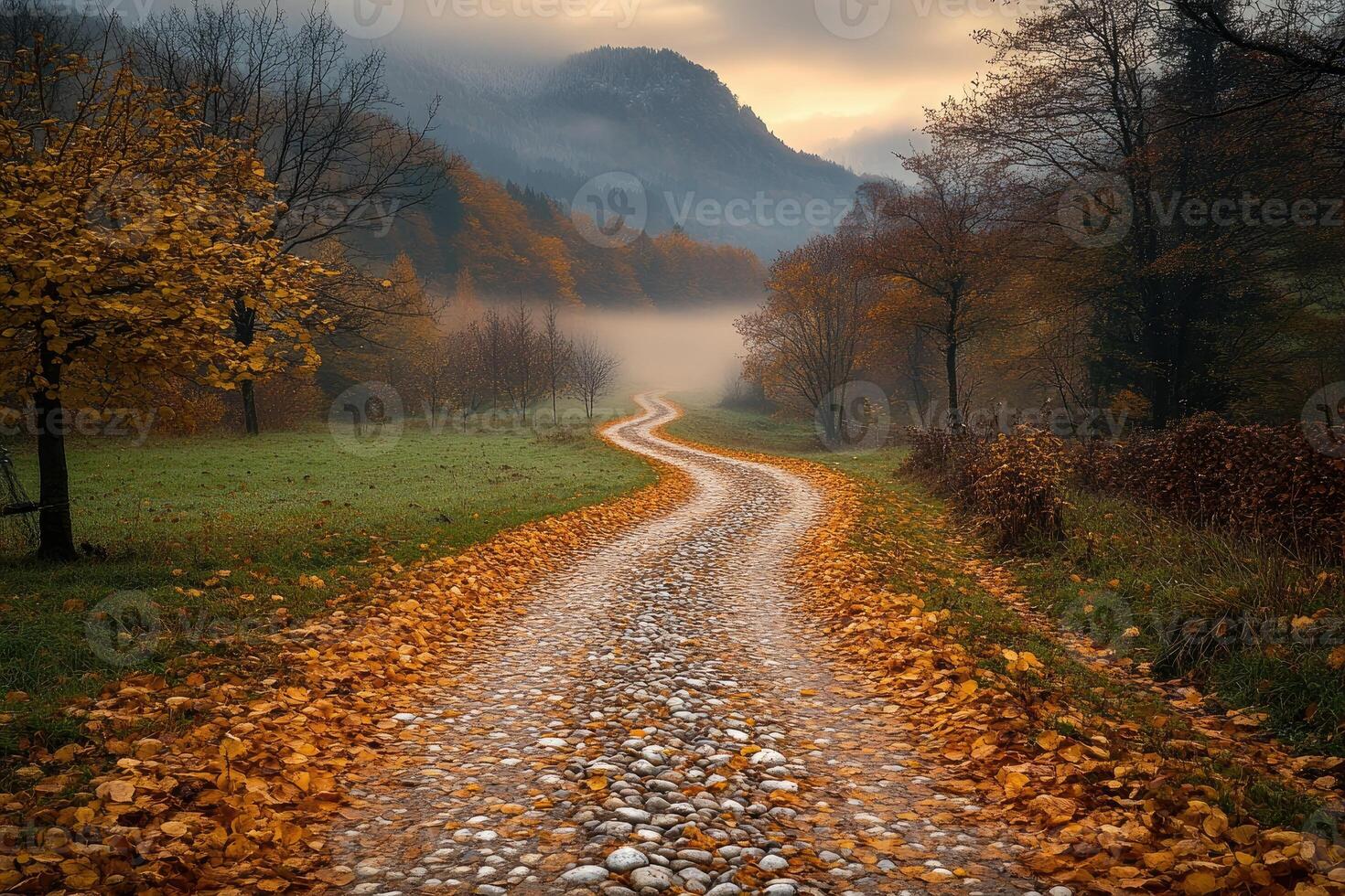 Autumnal Stone Road Winding Through Misty Mountain Valley photo