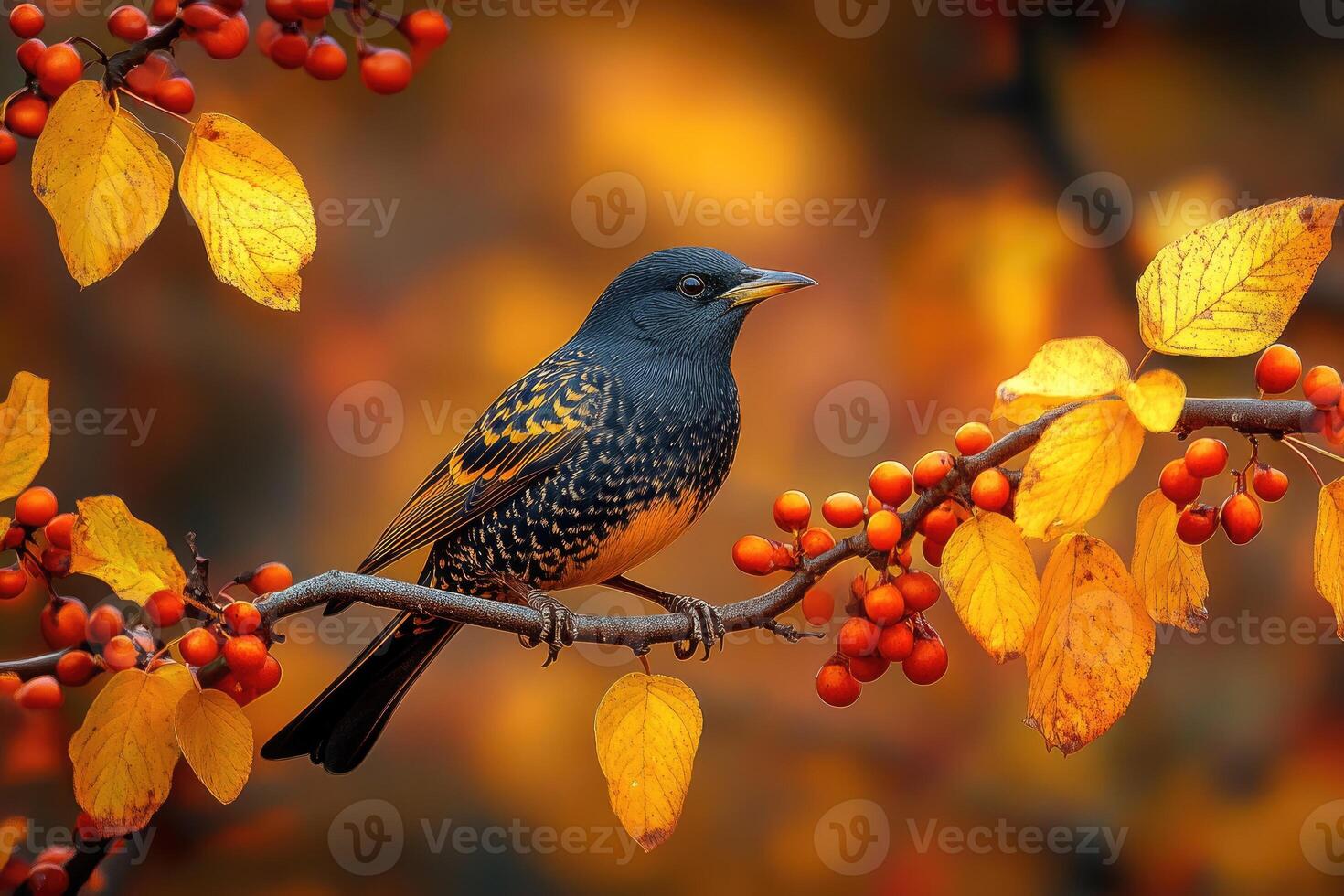 Autumn Bird Perched Amongst Berries and Leaves photo