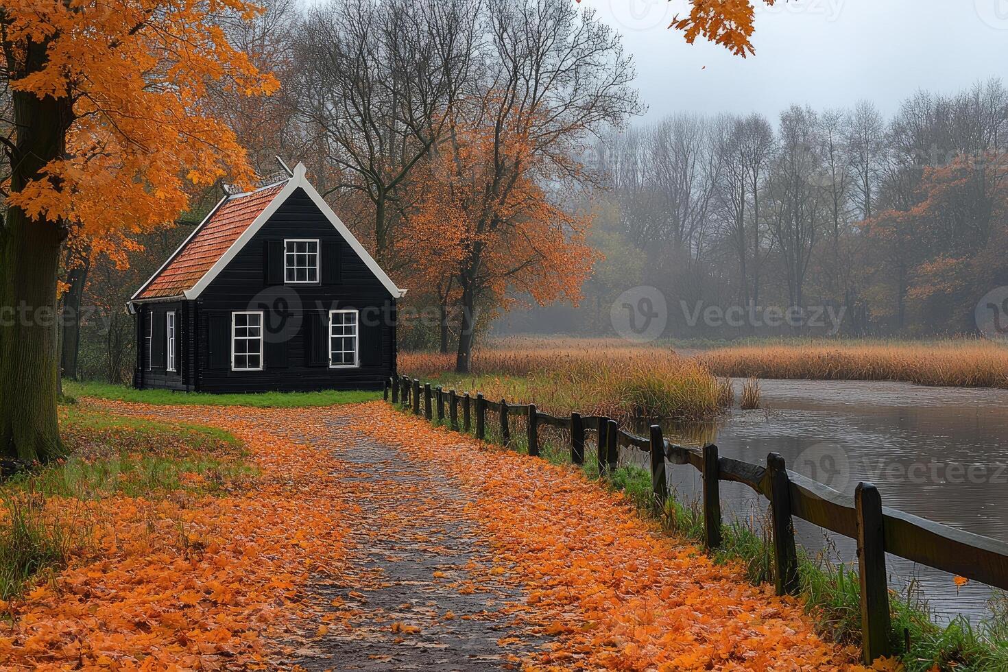 Autumnal Scene with Black House Near Water photo