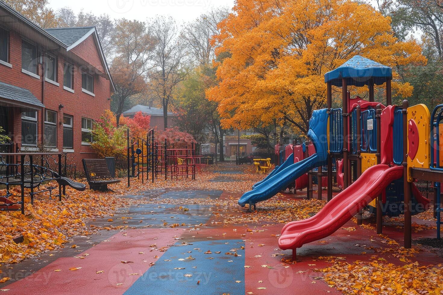 Autumn Playground Scene With Colorful Slides and Fallen Leaves photo