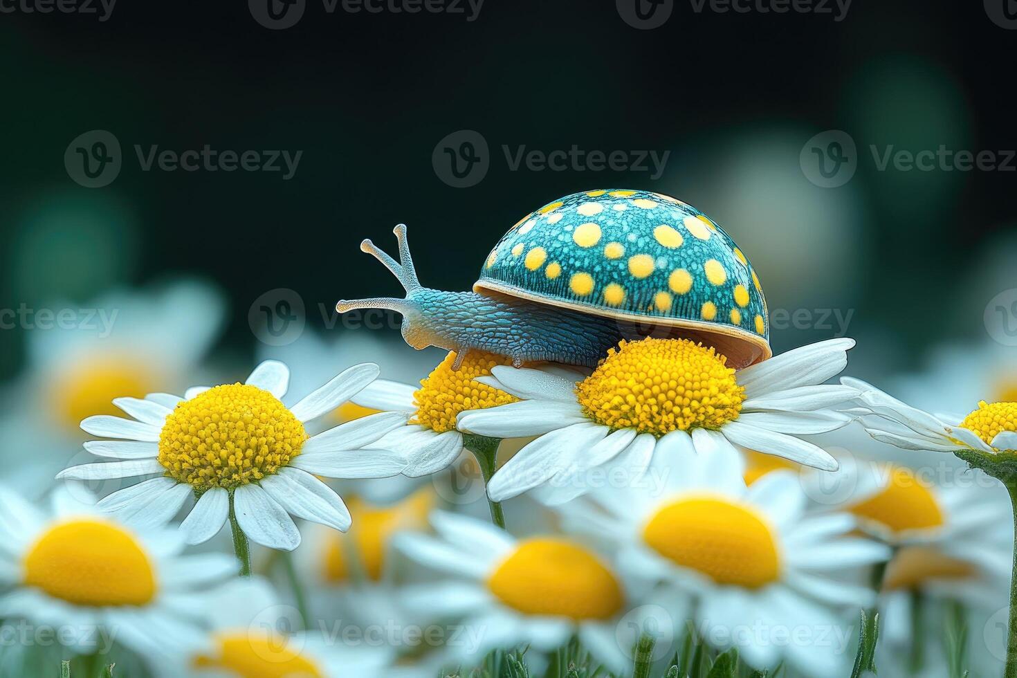 A vibrant blue snail rests on delicate white daisies photo