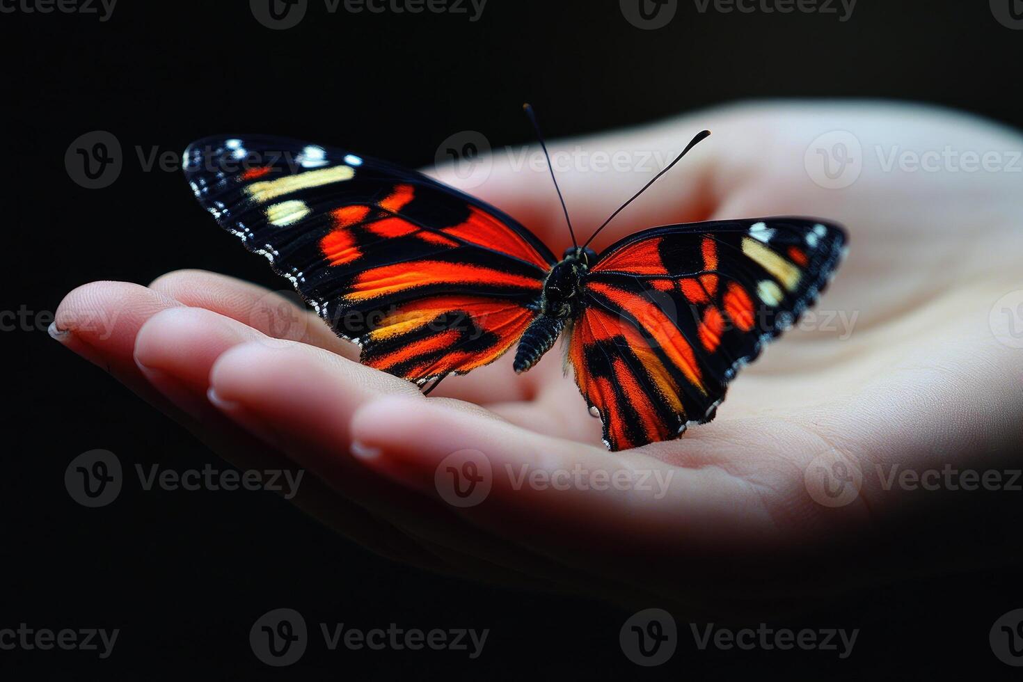 A vibrant butterfly rests gently on a human hand photo